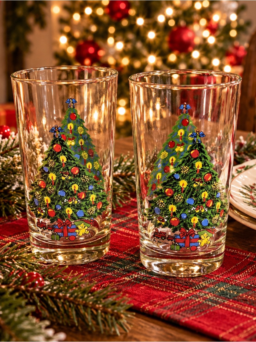 Vintage Christmas Tree Tumbler Glasses by Action Double Sided Set of 2